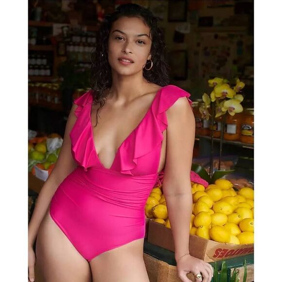 NWT J. Crew Ruched Ruffle One Piece Swim Suit Fuchsia Pink Beach BP222 Size 10 - Picture 1 of 3